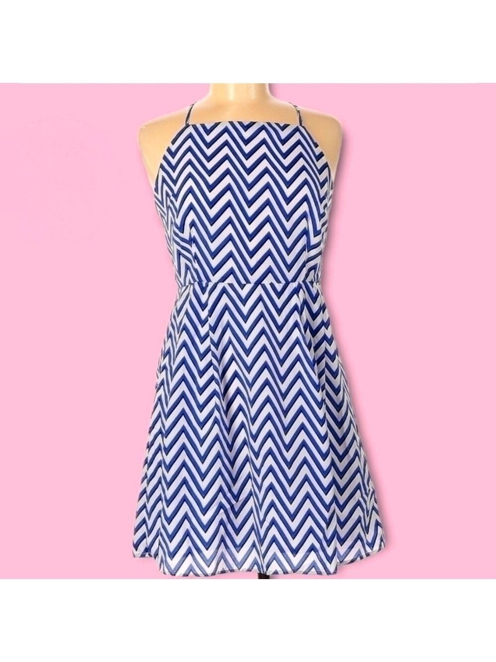 Y2K Blue White Chevron Print High Neck Mini Dress
